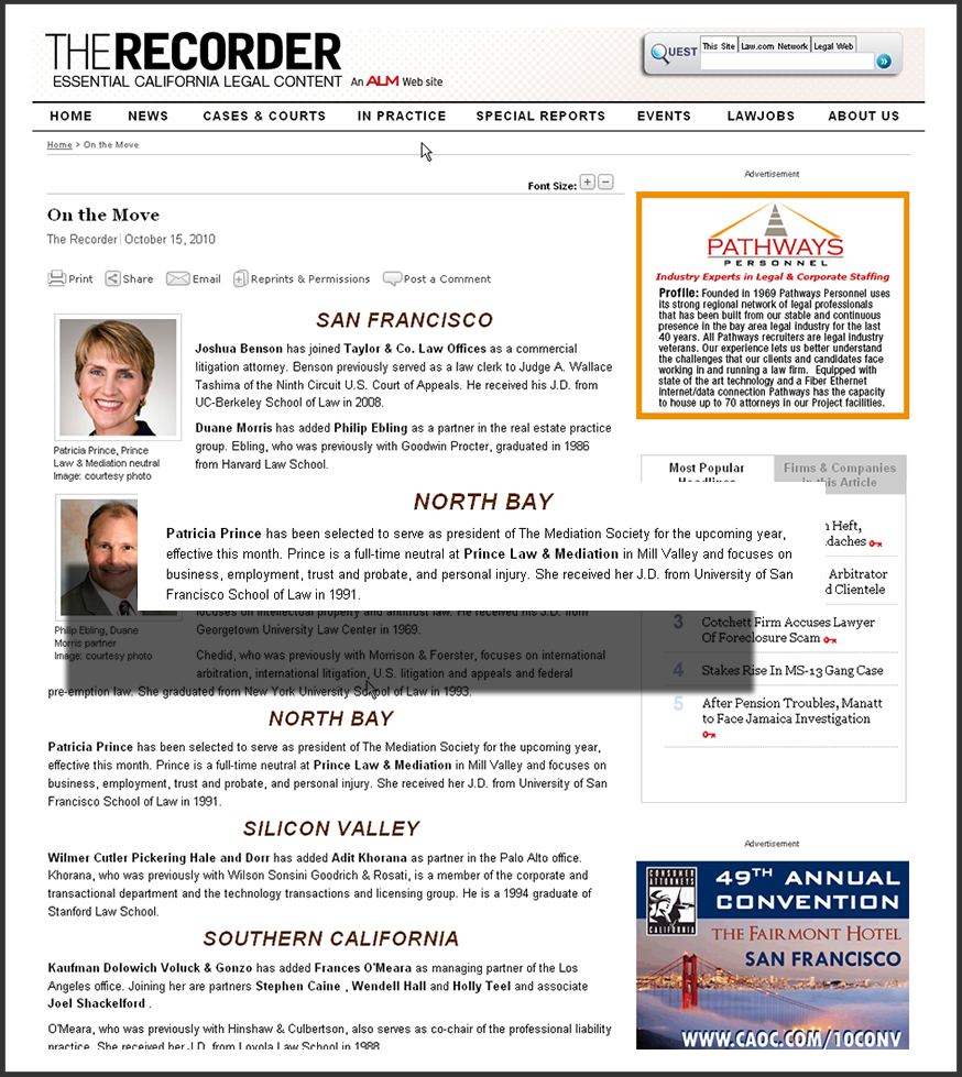 The Recorder: Patricia Prince named president of The Mediation Society of San Francisco